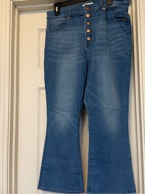 LOFT Medium Blue High-Rise Button-Fly Flare Jeans